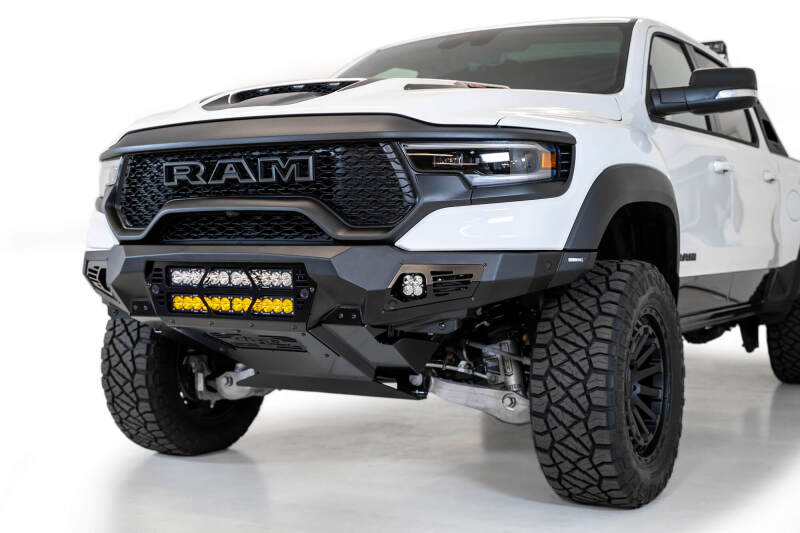 RAM 1500 TRX Bumper - Front - Addictive Desert Designs - Bomber with Dual 20-inch LED Bar Mounts - Hammer Black with Satin Black panels - `21-`27